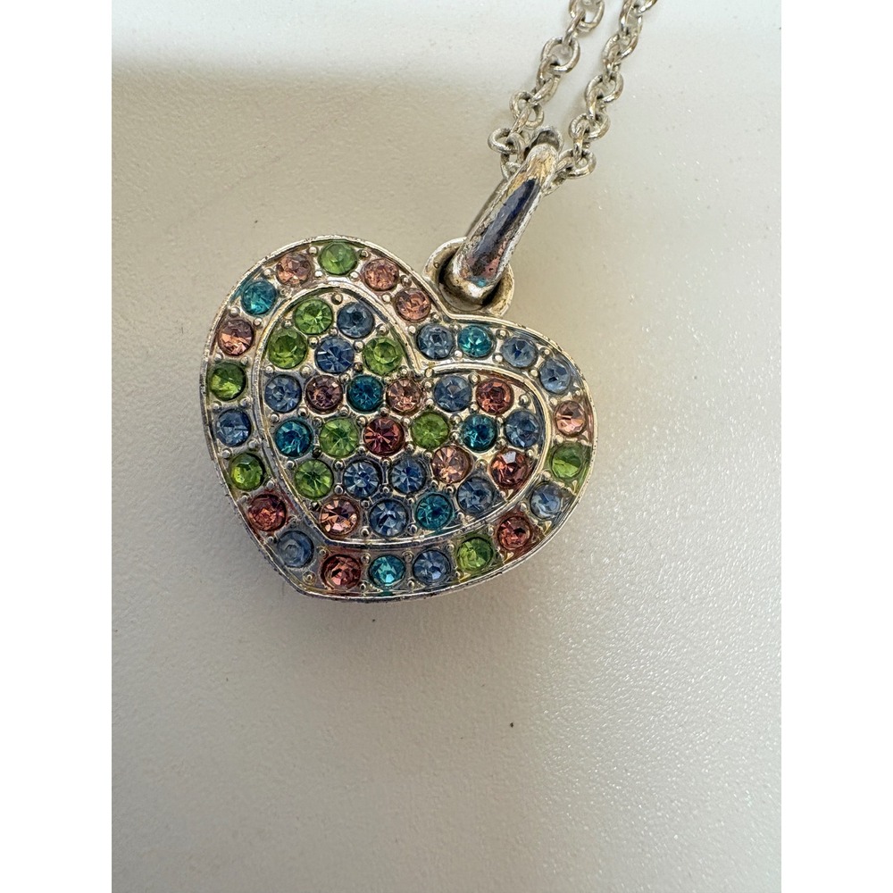 Silver Tone Multi Color Rhinestone Pave Heart Pendant Necklace